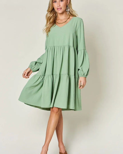 Double Take Full Size V-Neck Balloon Sleeve Tiered Dress with Pockets