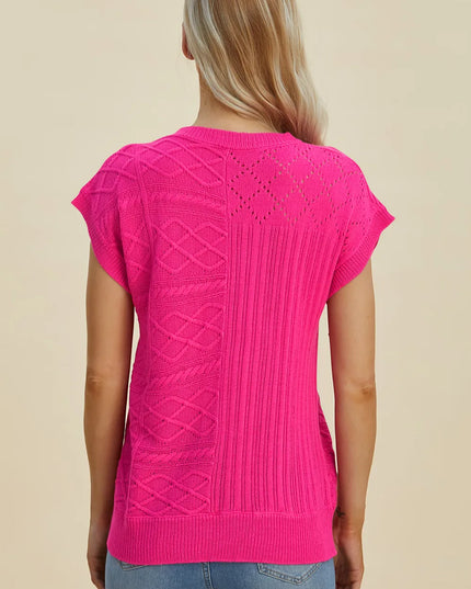 Double Take Full Size Cable-Knit Round Neck Cap Sleeve Sweater