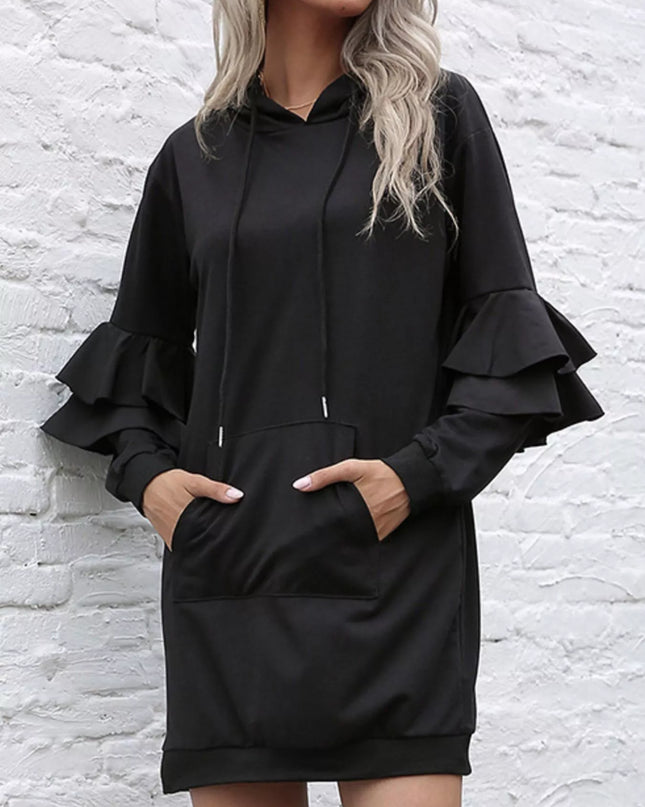 Ruffled Drawstring Long Sleeve Hooded Dress Black