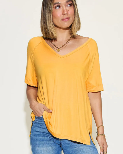 Basic Bae Full Size Bamboo Slit V-Neck Short Sleeve T-Shirt Gold