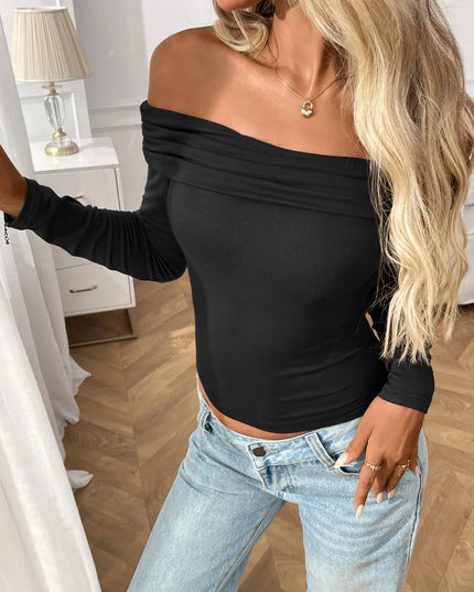 Off-Shoulder Long Sleeve Fitted T-Shirt Black