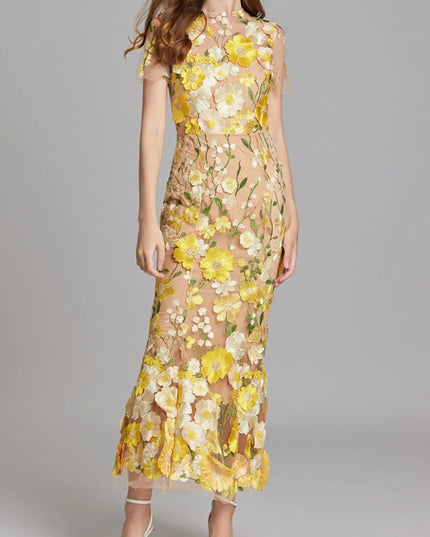 Floral Embroidered Mesh Overlay Maxi Dress