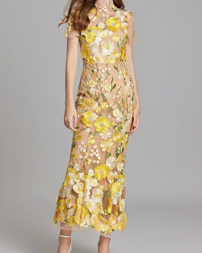 Floral Embroidered Mesh Overlay Maxi Dress