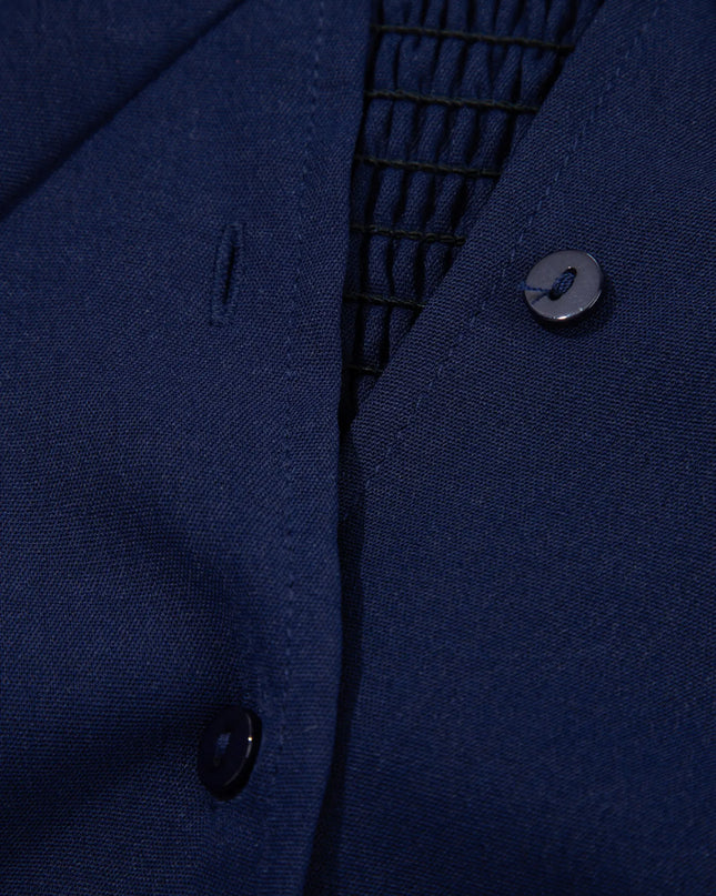 V Neck Buttoned Front Shirred Back Short Sleeve Midi Dress