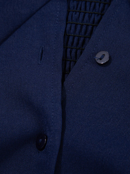 V Neck Buttoned Front Shirred Back Short Sleeve Midi Dress