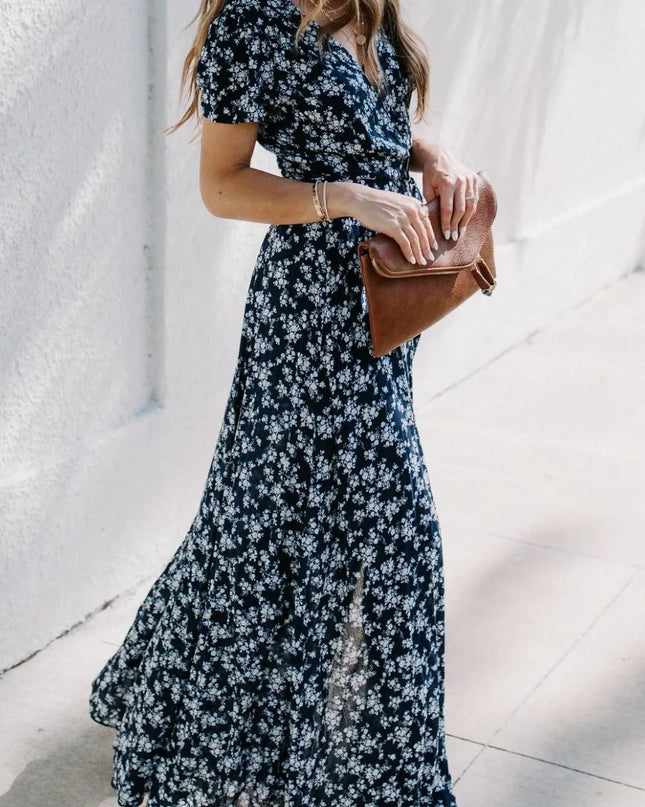 Floral Surplice Short Sleeve Dress