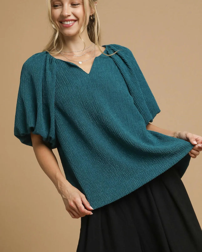 Umgee Textured Flutter Sleeve Notch Neck Top TEAL