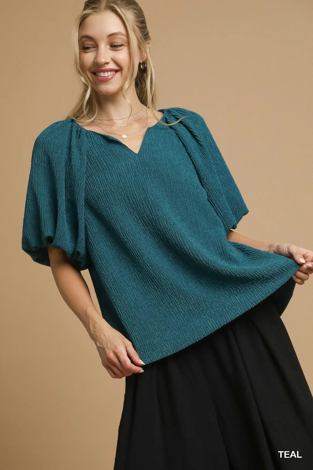 Umgee Textured Flutter Sleeve Notch Neck Top TEAL