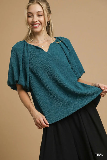 Umgee Textured Flutter Sleeve Notch Neck Top TEAL