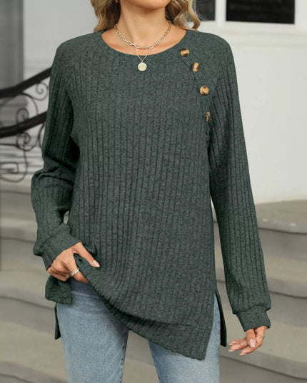 Ribbed Round Neck Long Sleeve T-Shirt
