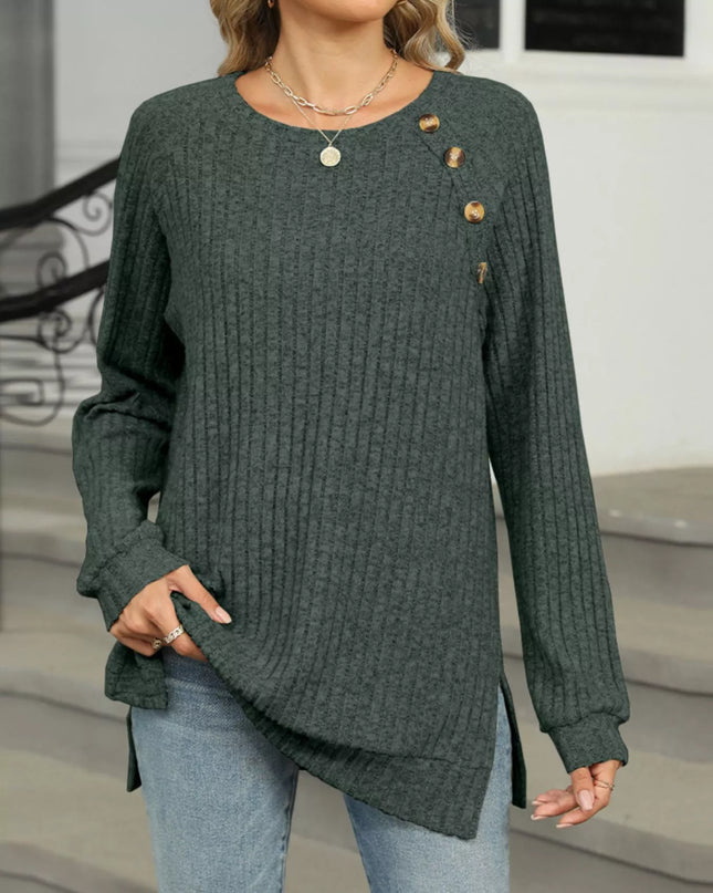 Ribbed Round Neck Long Sleeve T-Shirt