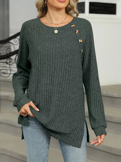 Ribbed Round Neck Long Sleeve T-Shirt