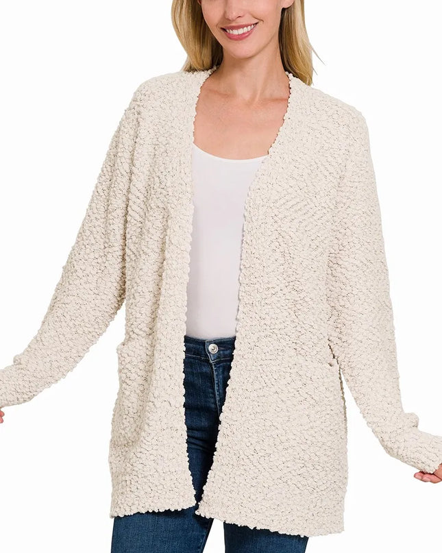 Zenana Long Sleeve Popcorn Sweater Cardigan with Pockets
