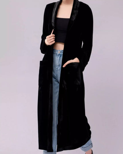 Velvet Lapel Collar Longline Coat Black