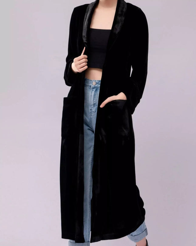 Velvet Lapel Collar Longline Coat Black
