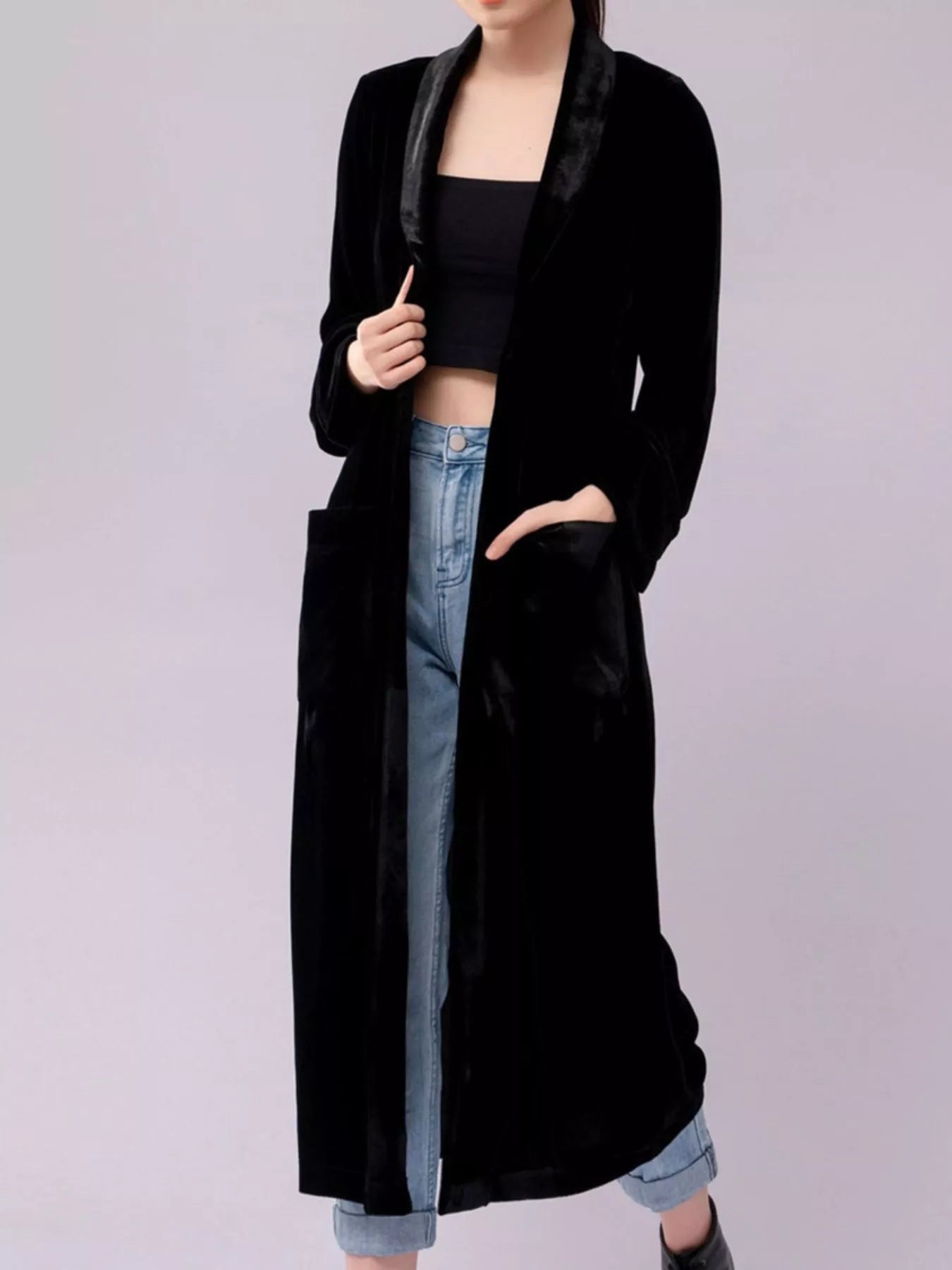 Velvet Lapel Collar Longline Coat Black