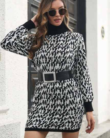 Heathered Turtleneck Mini Sweater Dress Black