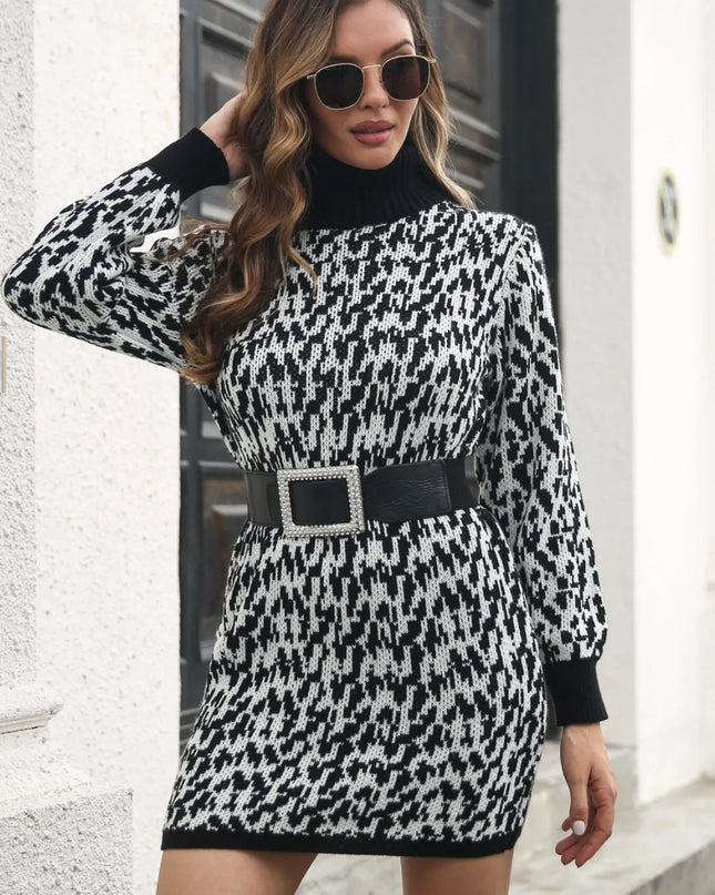 Heathered Turtleneck Mini Sweater Dress Black