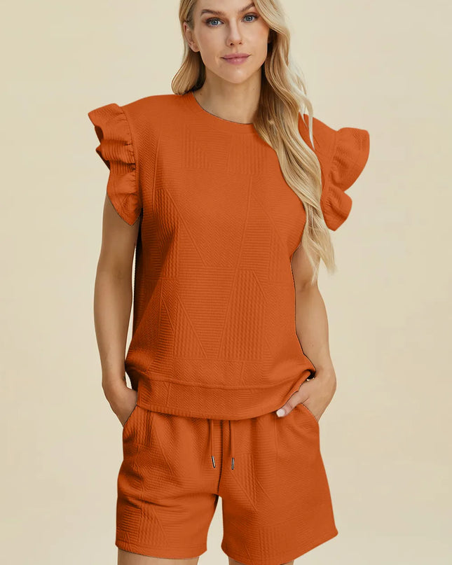 Double Take Full Size Texture Round Neck Ruffle Sleeve Top and Shorts Set