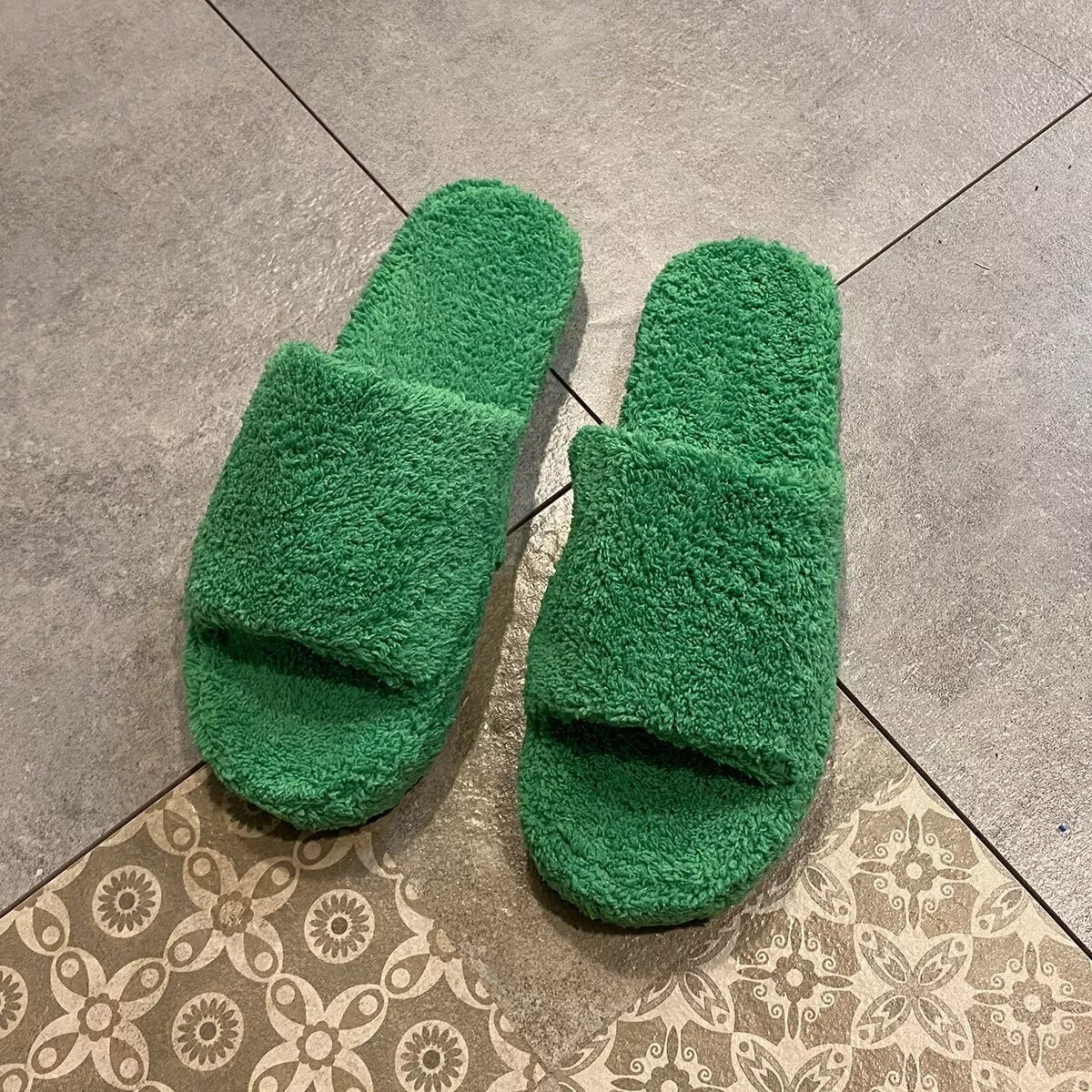 Open Toe Platform Slippers Green
