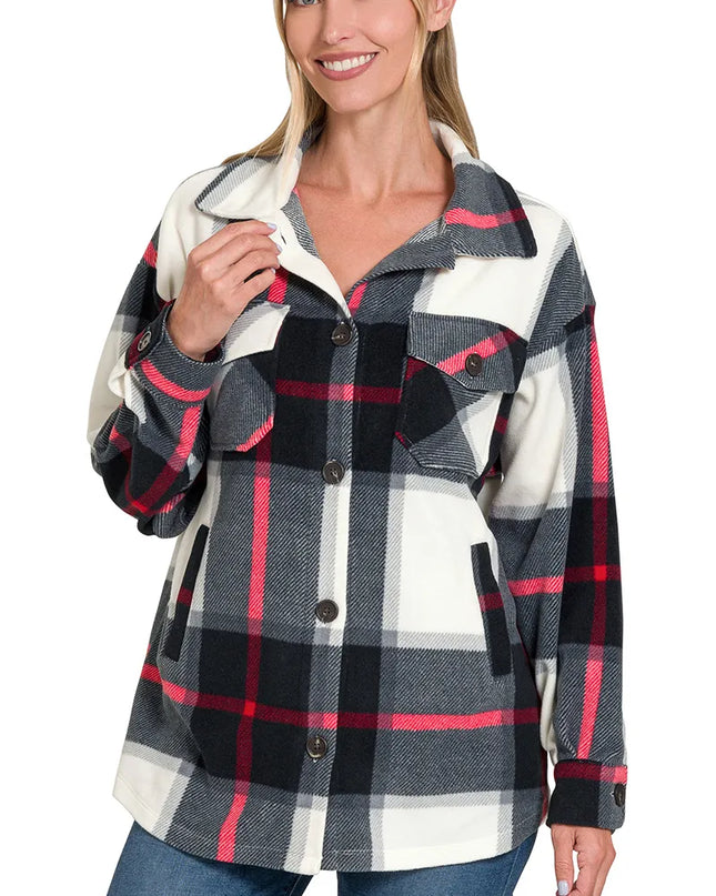Zenana Oversized Plaid Fleece Shacket BLACK