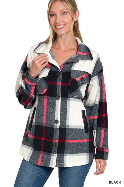 Zenana Oversized Plaid Fleece Shacket BLACK