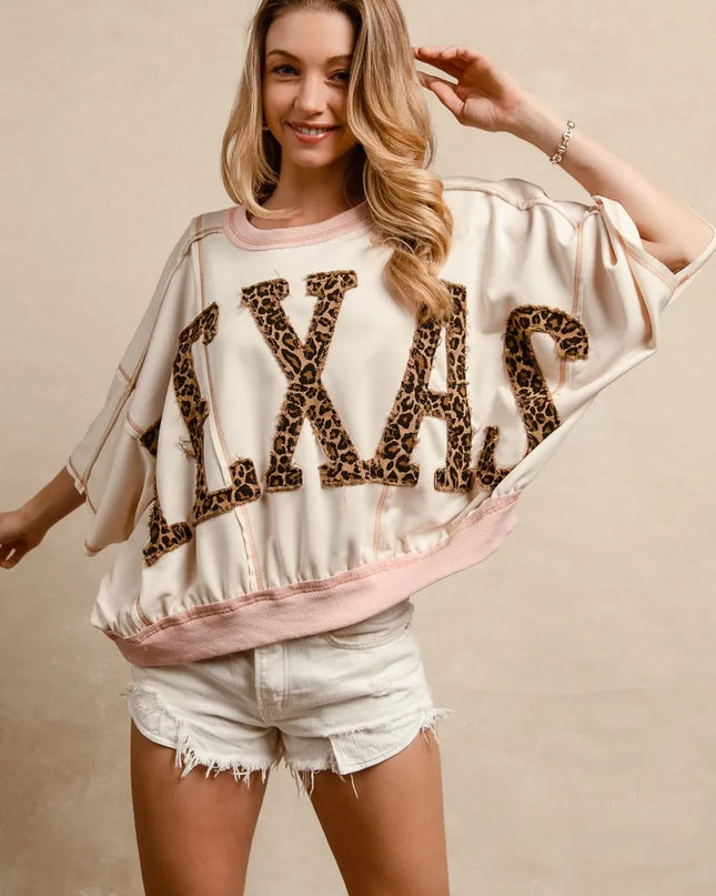 BiBi Leopard Print Texas Patchwork Overlock Stitch Top