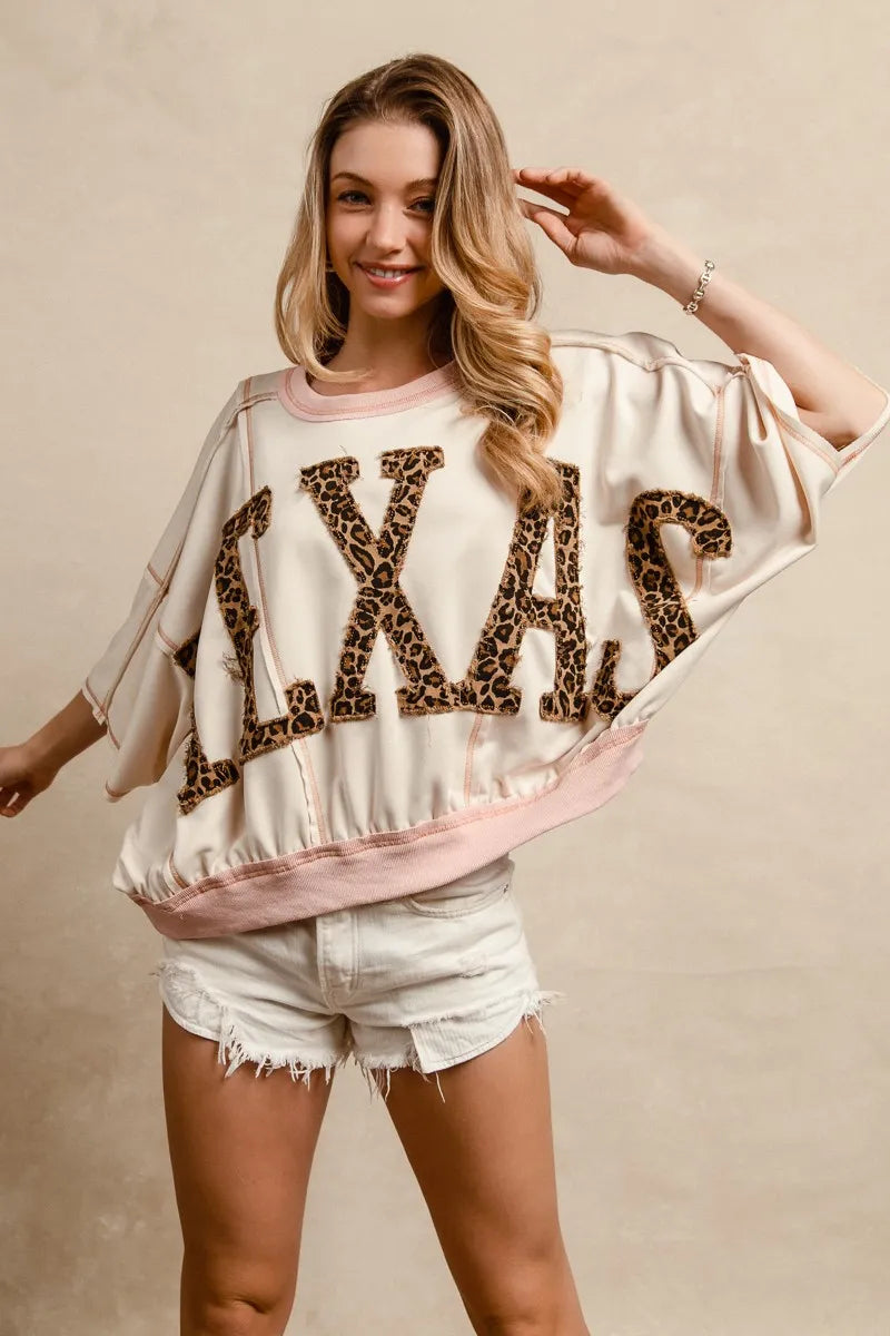 BiBi Leopard Print Texas Patchwork Overlock Stitch Top