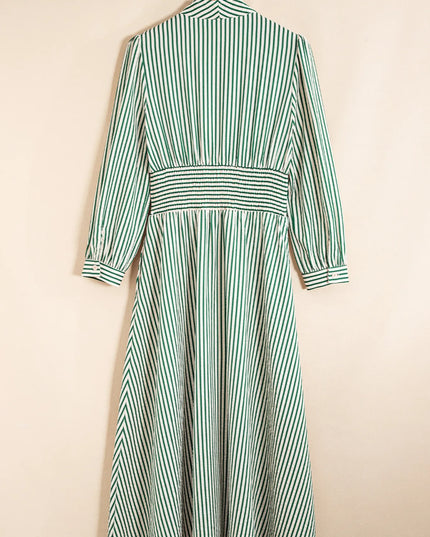 Stripe V Neck Zip Front Cinched High Waist Midi Dress