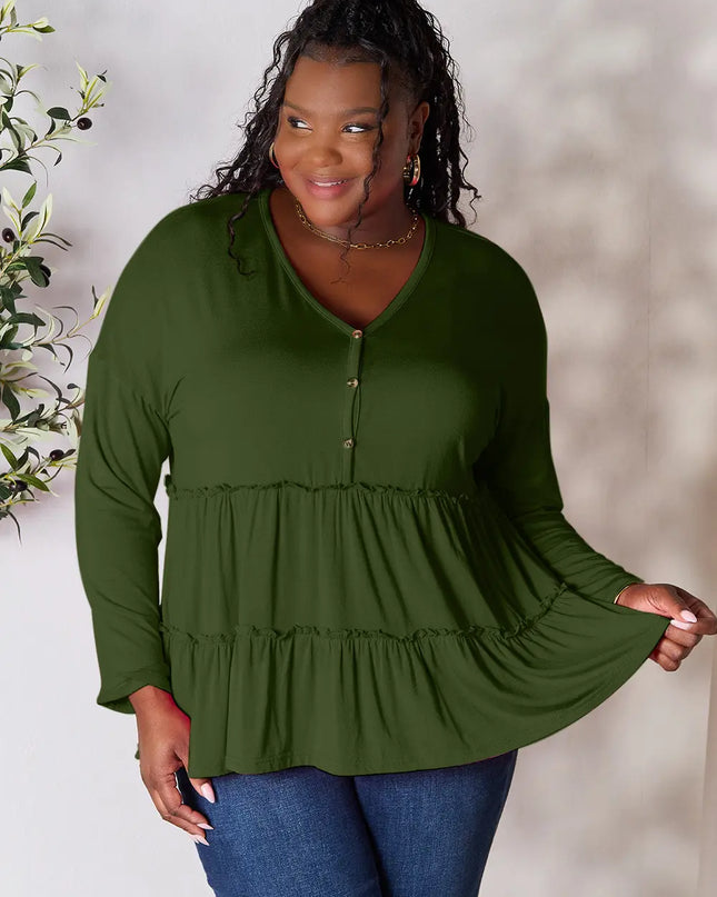 Double Take Half Button Long Sleeve Ruffle Hem Blouse Army Green