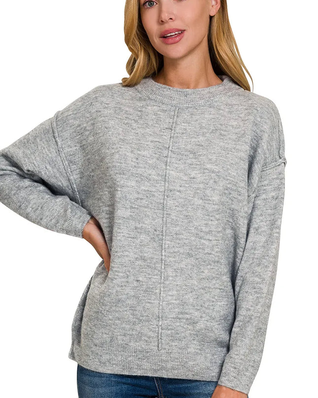 Zenana Melange Front Seam Round-Neck Sweater H GREY