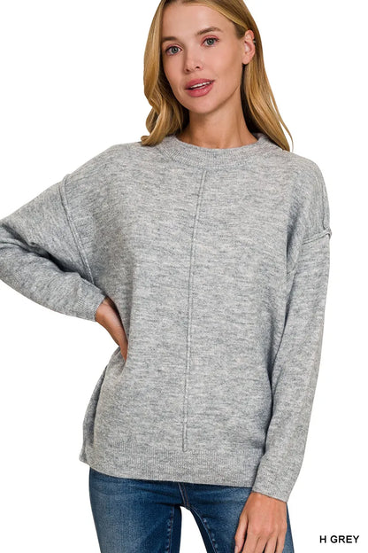 Zenana Melange Front Seam Round-Neck Sweater H GREY