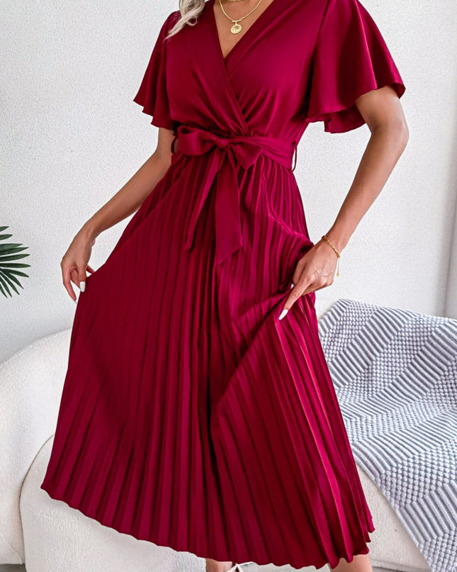 Pleated Flutter Sleeve Belted Dress Red