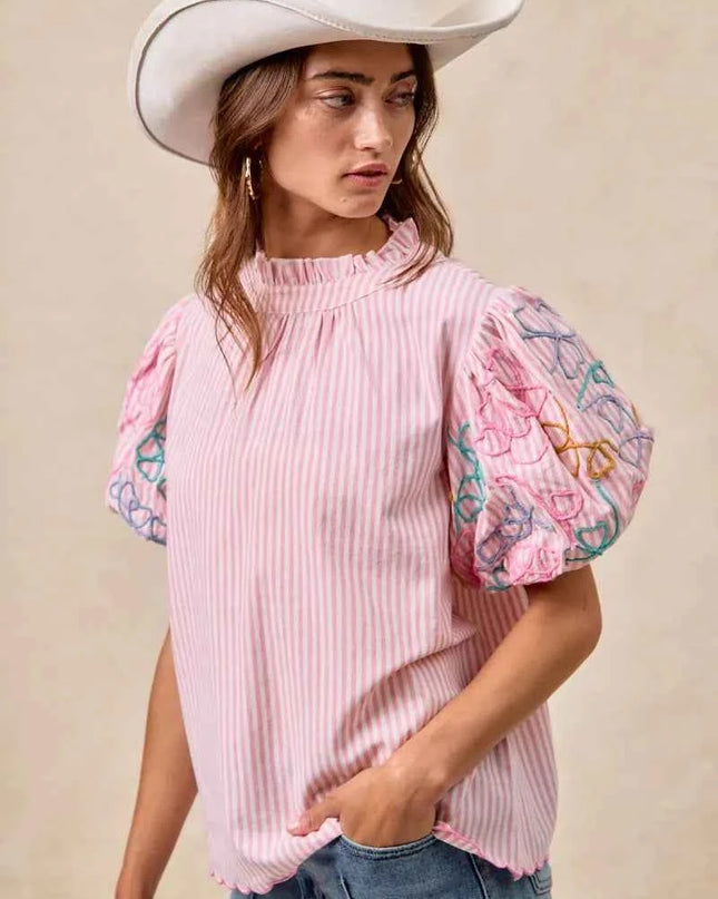 BiBi Embroidery Bubble Sleeve Top With Bottom Scallop Detail
