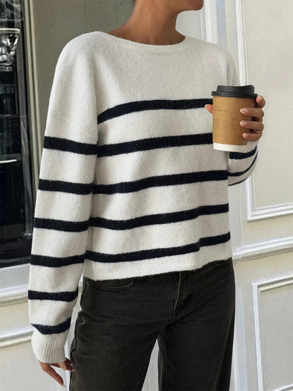 Striped Round Neck Long Sleeve Knit Top