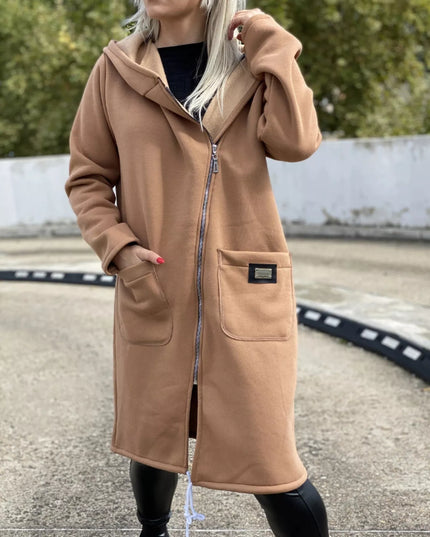 Full Size Asymmetrical Zip-Up Hooded Fleece Outerwear Plus Size Khaki