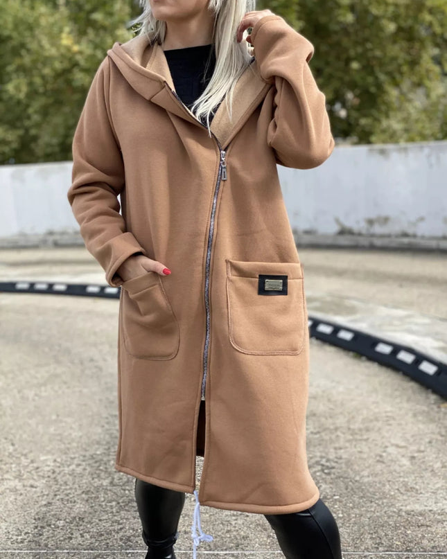 Full Size Asymmetrical Zip-Up Hooded Fleece Outerwear Plus Size Khaki