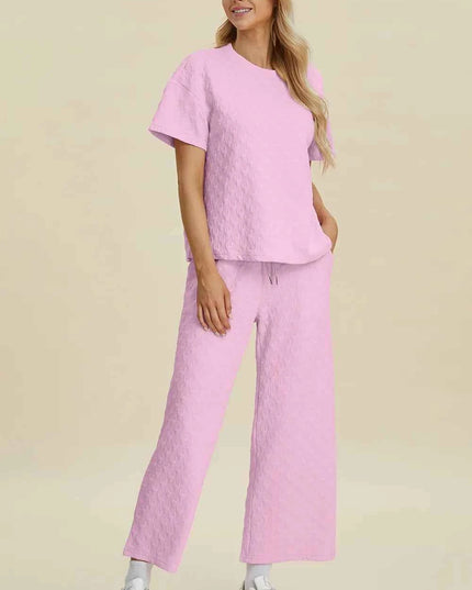 Double Take Full Size Texture Round Neck Short Sleeve Top and Pants Set