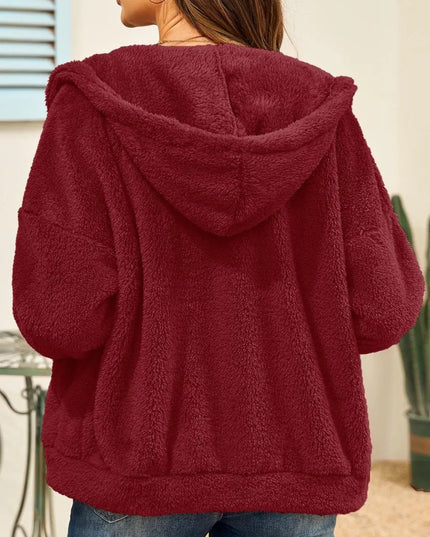 Drawstring Zip Up Hooded Plush Jacket