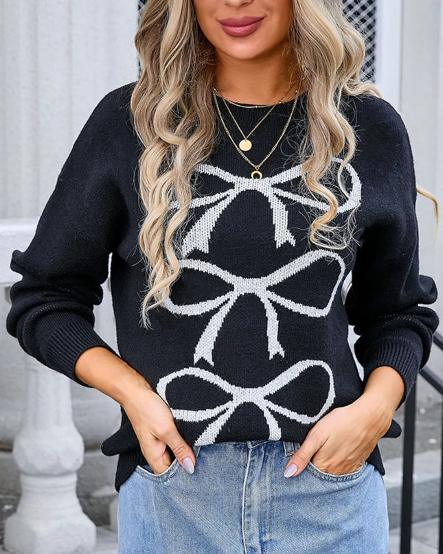 Angel Wings Bow Graphic Round Neck Long Sleeve Sweater Black