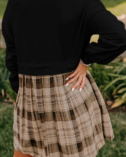 Plaid Round Neck Long Sleeve Mini Dress