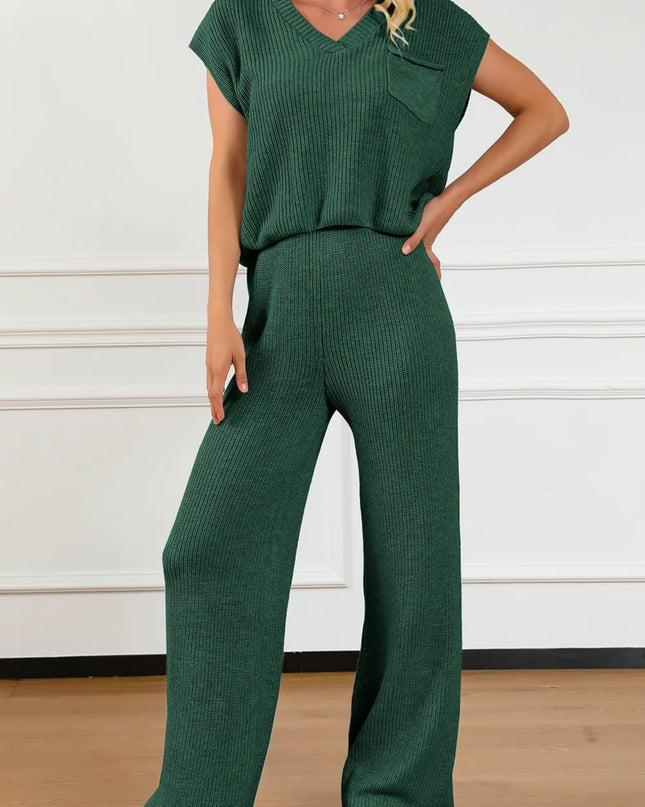 Pocketed V-Neck Top and Wide Leg Sweater Set Dark Green