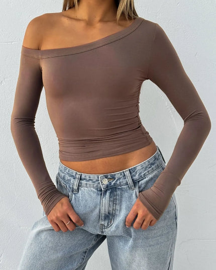 One Shoulder Long Sleeve Crop T-Shirt Coffee Brown