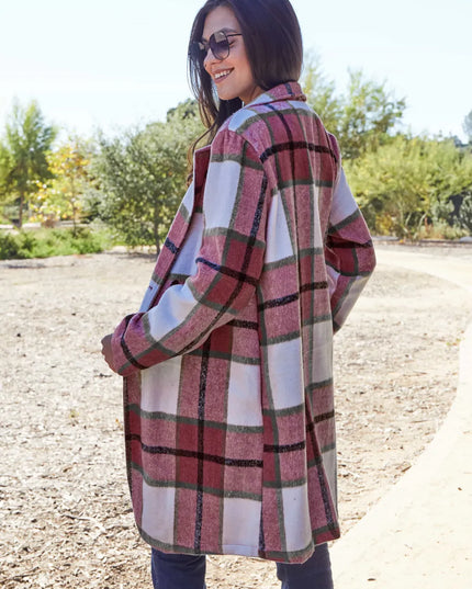 Double Take Full Size Plaid Button Up Lapel Collar Coat