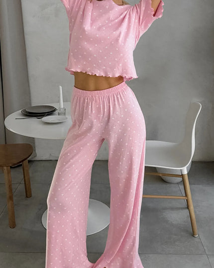 Polka Dot Round Neck Top and Pants Lounge Set