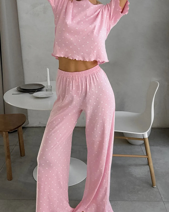 Polka Dot Round Neck Top and Pants Lounge Set