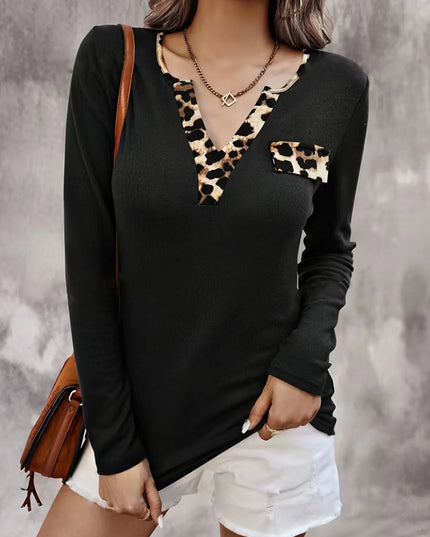Leopard Trim Long Sleeve T-Shirt