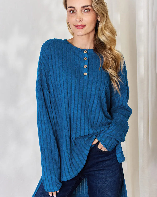 Basic Bae Full Size Ribbed Half Button Long Sleeve High-Low T-Shirt Sky Blue