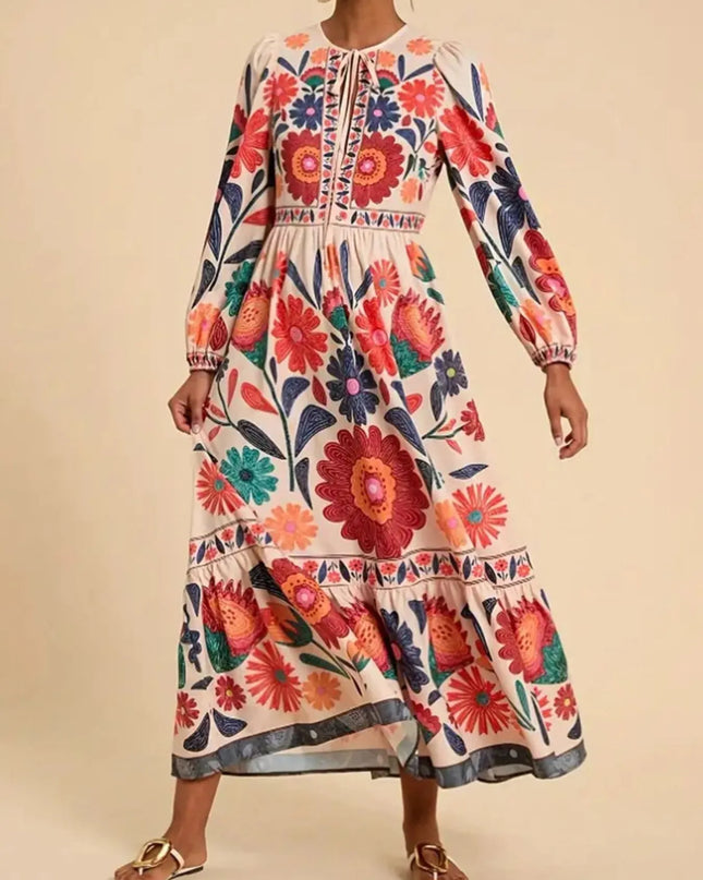 Floral Tie Waist Long Sleeve Dress