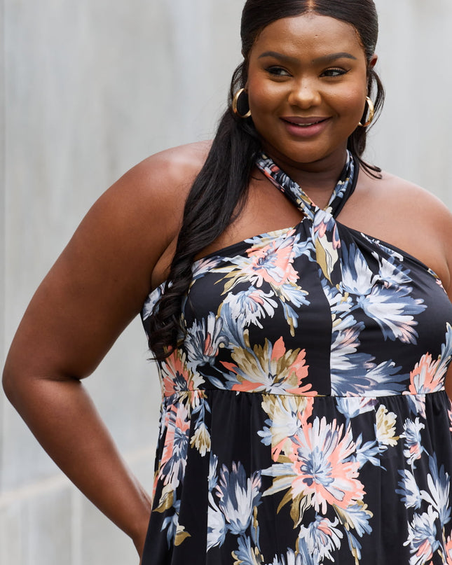 Be Stage Full Size Floral Halter Top in Black